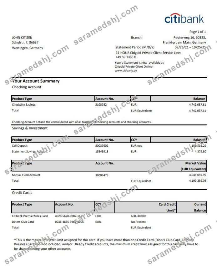 Germany Citibank bank account statement template in Excel and PDF format